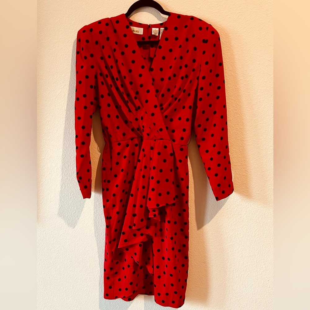 Vintage Ms Chaus red polka dot dress with ruffles in the front w/shoulder pads